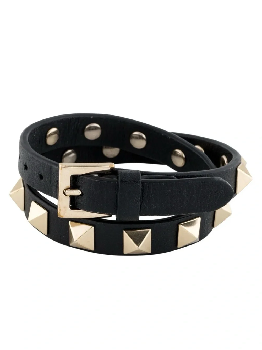 NWT! Valentino Garavani Black Leather Double Wrap Gold Studded Bracelet with Box